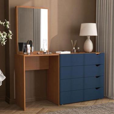 Imagem de Cômoda Porto 4 Gavetas com Espelho Azul/Freijó - Politorno, Azul