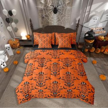 Imagem de Conjunto de cama Queen com desenho de abóbora e morcego preto, 7 peças, para crianças, adolescentes e adultos em todas as estações (edredom, lençol de cima, 2 fronhas, 2 fronhas)
