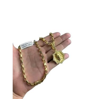 Imagem de Colar Tijolinho Curto 6mm Ouro + Pingente Jesus 70cm - Tojoia18K