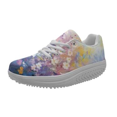 Imagem de FOR U DESIGNS Sapatos plataforma fitness feminino caminhada casual sapatos de salto alto para uso ao ar livre para adolescentes, Flor de pintura a óleo, 40