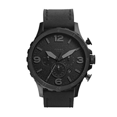 Imagem de Fossil Relógio masculino Nate com mostrador cronógrafo grande e pulseira de aço inoxidável ou couro, Couro preto, One Size, Nate