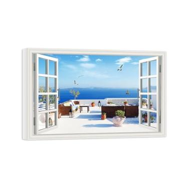 Imagem de Falsas Janelas Paisagens Impressões em Tela-Aves Mar terraços-Quadro Arte Moderna-Natureza Pintura Pronta para Pendurar Tela Embrulhada 20x30cm