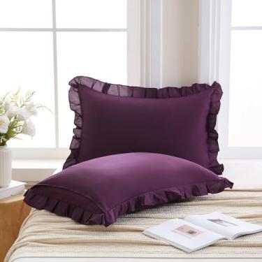 Imagem de Merryword Conjunto de 2 fronhas roxas escuras king size com babados e fronhas fofas roxas e chiques, pacote com 2