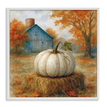 Imagem de Stupell Industries Colheita de abóbora em fardo de feno arte giclée emoldurada branca, design por Antony Smith, 43 x 43 cm