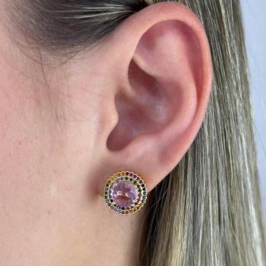 Imagem de Brinco Círculo Zircônias Color Central Rosa Banhado em Ouro 18k - Anas