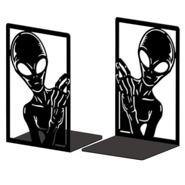Imagem de Peacoblue Suportes de livros de metal para prateleiras, tampas de livro de estudo resistentes decorativas modernas alienígenas para escritório, mesa, prateleira, sala de ferro fundido simples e altos