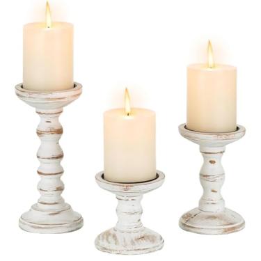 Imagem de HiSnug Castiçais de madeira para pilar - estilo rústico de madeira para centros de mesa, mesa de centro ou cornija de lareira, conjunto de 3 (P + M + G), branco com manchas marrons