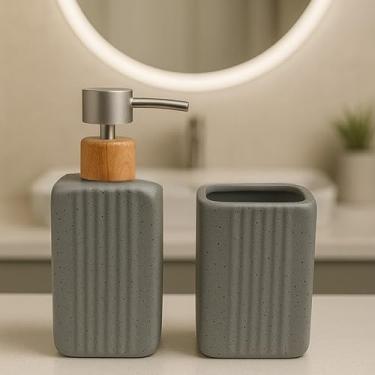 Imagem de Kit Banheiro Cerâmica 2 Peças - Porta Sabonete Líquido e Porta Escova para Decoração Lavabo(ÔNIX CINZA)