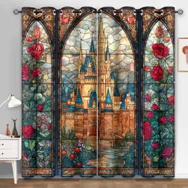 Imagem de HIYSMT Cortinas retrô para castelo de vitrais, 10,883 cm, cortina blackout de princesa rosa de conto de fadas, cortinas estampadas de janela arqueada nórdica para quartos de meninas e mulheres, sala