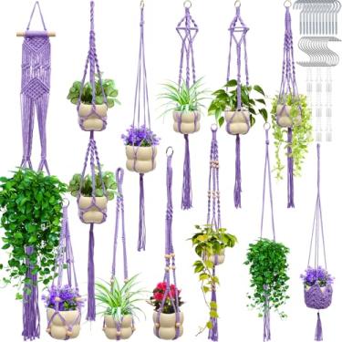 Imagem de Hoteam 12 peças de cabides para plantas de macramê para plantas de interior, cestos de flores feitos à mão Boho para decoração de parede de casa ao ar livre (roxo)