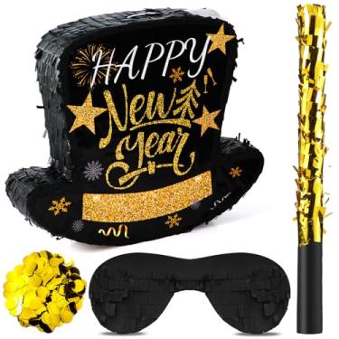 Imagem de Poen Happy New Year Black Top Hat Piñata 2025 New Year's Eve Decorations Large Piñata with Piñata Stick and Blindfold Confetti for Adults Game New Year's Party Supplies 14.96 x 12.4 x 2.95 In