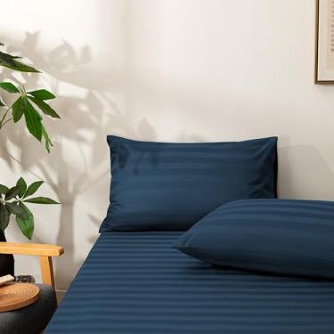 Imagem de NookZuzu Jogo de lençol e fronha de algodão, lençol de elástico listrado marinho, lençol com elástico profundo de algodão orgânico, conjunto de lençol de 3 peças, sem lençol de cima incluído, macio e