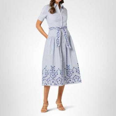 Imagem de Shoshanna Vestido feminino Peonia Risca de risca Finley, Azul claro/marfim/azul-marinho, 34