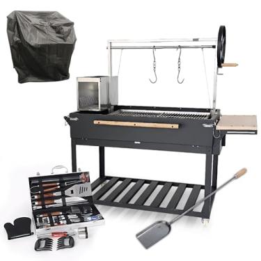 Imagem de Grelhadores argentinos – Asador Argentino Outdoor com altura ajustável | Churrasco Santa Maria estilo gaúcho + conjunto de ferramentas de 38 peças + pá de carvão + capa