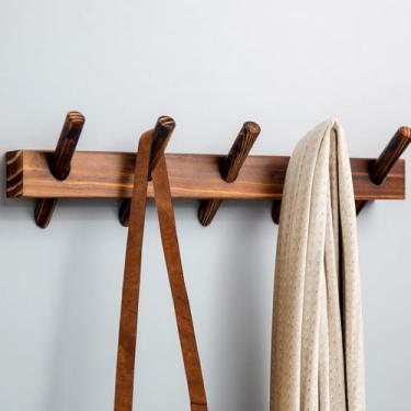 Imagem de SZXDS Suporte de parede de madeira maciça, ganchos de parede de madeira removíveis para pendurar, instalação em entradas de banheiros e salas utilitárias para armazenamento (carbonização, 5 ganchos)