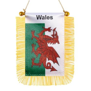 Imagem de JBSJBS Bandeira suspensa galesa mini bandeiras de janela de carro pequenas bandeiras de janela de carro bandeiras de espelho retrovisor decoração bandeiras galesas com ventosa franjas douradas dupla