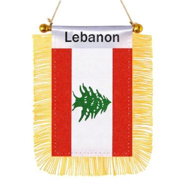 Imagem de JBSJBS Bandeira suspensa do Líbano Mini bandeiras de janela de carro libanês bandeiras de espelho retrovisor decoração bandeiras do Líbano com ventosa com franjas douradas dupla face 7,6 x 12,7 cm