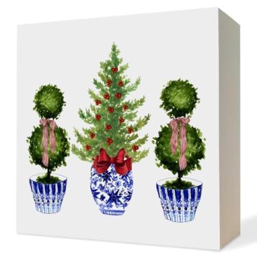 Imagem de ATBWGT Placa de caixa de madeira de árvore de Natal chinoiserie azul e branca, presentes de decoração de mesa de Natal, laço vermelho, placas de bloco de madeira de Natal da Grandmillennial para
