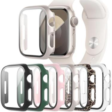 Imagem de Pacote com 6 capas compatíveis com Apple Watch séries 9 8 7 45 mm com protetor de tela de vidro temperado, capa protetora completa de policarbonato rígido ultrafino para iWatch de 45 mm
