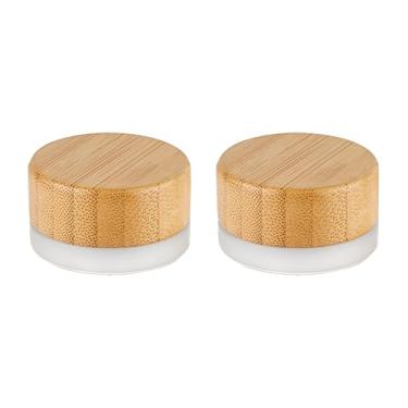 Imagem de 2 frascos de cosméticos de vidro fosco de 5 ml com tampas de bambu, mini recipientes vazios recarregáveis para creme facial e pomadas de bálsamo labial