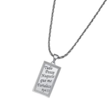 Imagem de Cordão Masculino Trançado 70cm Fina + Pingente Tudo Posso Aço Inoxidavel