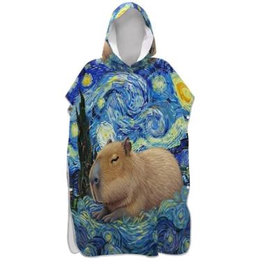 Imagem de Joisal Bonita Capivara Noite Estrelada Azul Surf Poncho Trocador para Adultos Plus Size Adulto Ponchos para Mulheres Praia Moletom Toalha Natação