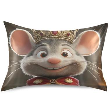 Imagem de Capa de almofada de cetim com estampa de rato de desenho animado com coroa de rei e estampa floral de animais padrão Queen King Size para cama extra macia, tamanho king, 101,6 cm x 50,8 cm