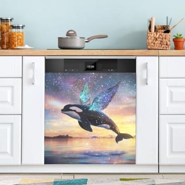 Imagem de Orca com asas capa magnética para porta de lava-louças reutilizáveis adesivos de geladeira ímã portátil bancada lava-louças capa 58 x 66 cm