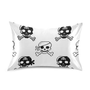 Imagem de Fronhas de cetim preto e branco de caveira de osso pirata floral padrão king queen almofadas de desenho animado macio para cama tamanho Queen 76,2 cm x 50,8 cm