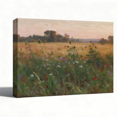 Imagem de Arte de parede em tela de paisagem, pintura a óleo campo de flores silvestres ao pôr do sol, impressionista, pronta para pendurar, exibição de mesa, decoração de sala de estar de quarto de fazenda, 20