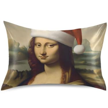 Imagem de Mona Lisa Capas de almofada de cetim de Natal para cabelo colorido capas de travesseiro padrão king queen decoração de cama de casa, tamanho padrão, 66 cm x 50 cm