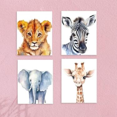 Imagem de 4 peças de decoração de parede de animais fofos, sem moldura, colorido, safári, animal, pintura, pôster, arte para paredes, adorável leão elefante decoração de parede, impressões modernas para meninos
