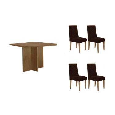 Imagem de Sala Jantar Mesa Berlim Tampo Curvo 90cm+4 Cadeiras Pietá Madeira Naturale - Capuccino/Suede Marrom - Rufato