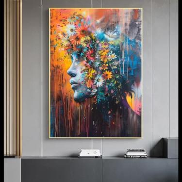 Imagem de Arte de parede de flores femininas, arte de parede grande, pintura em tela feminina, arte de parede de rosto feminino, pintura abstrata de mulher em tela - (40 x 60 cm) 16 x 24 polegadas sem moldura