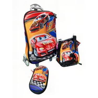 Imagem de Mochila escolar com rodinhas carros + estojo e lancheira - Futuro Bras