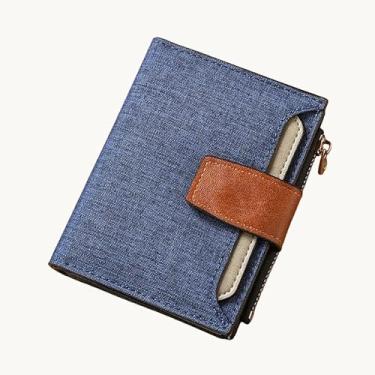 Imagem de Carteira curta masculina de lona - organizador de 16 compartimentos para cartão com bolso com zíper, durável, 12 x 10 cm (preto, azul, cinza), Azul, Retrô