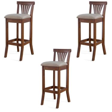 Imagem de Kit 3 Banquetas Alta Pontes Linho Off White/Imbuia