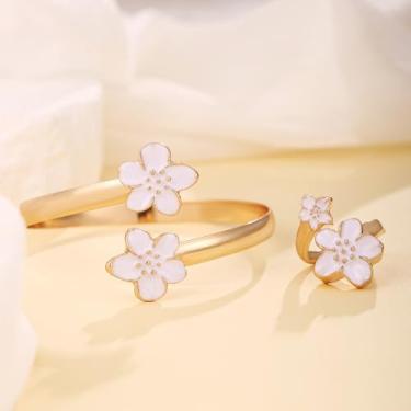 Imagem de Conjunto de joias de flores femininas vintage irregulares conjunto de anéis pulseira de punho grosso joias de formatura acessórios de fantasia