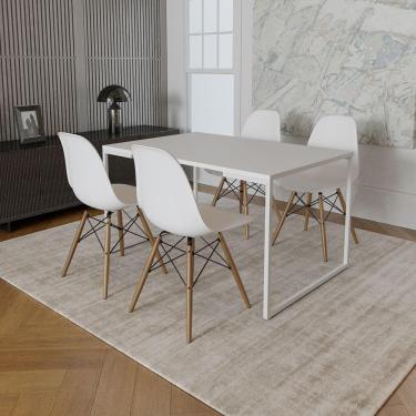 Imagem de Mesa Industrial Base Ferro Branco Tampo 137X90 Branco 4 Cadeiras Madeira Assento Branco Branco