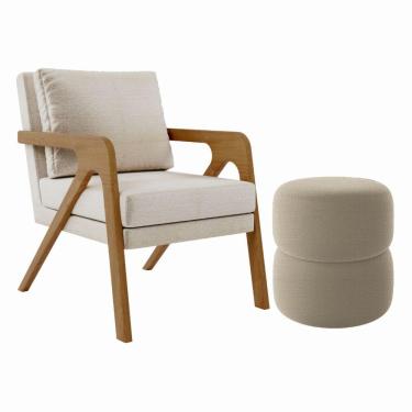 Imagem de Kit Poltrona E Puff Decorativo Escritório Sala Recepção Gaia Bouclé Bege