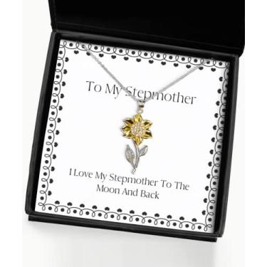 Imagem de SpreadPassion Ideia única de presentes de madrinha, I Love My Stepmother to The Moon and Back, colar exclusivo com pingente de girassol para mãe do filho