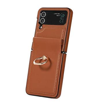 Imagem de Capa de telefone com suporte de anel para Samsung Z Flip4 Flip3 para Galaxy Z Flip 4 3 5G Capa de couro protetora dobrável com tudo incluído, marrom, para Galaxy Z Flip3 5G