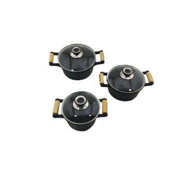 Imagem de Jogo 3 Caçarolas de Ferro Fundido Alça Madeira Tampa Vidro