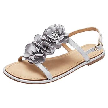 Imagem de Sandálias planas femininas verão fundo plano casual floral cor sólida estilo boémio simples bico aberto sapatos de praia sandálias (cinza, 8,5)