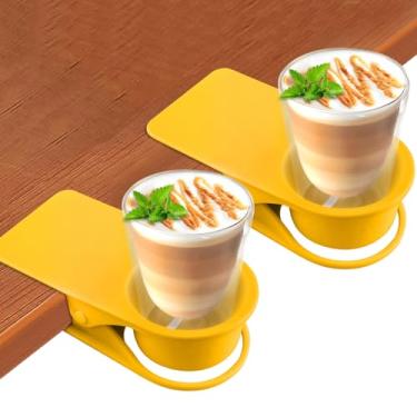 Imagem de 2 peças de clipes de suporte de copo de bebida, Kalolary Suporte de copo de borda de mesa, clipe de suporte de caneca de café, clipe de suporte de copo de garrafa de mesa versátil clipe de copo lateral de mesa para casa, escritório e escola (amarelo)
