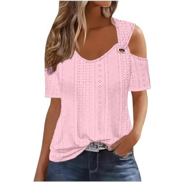 Imagem de Camisetas femininas de verão de manga curta 2024 bordados com ilhós, ombros de fora, camisetas com decote em V e alças anéis, Ofertas relâmpago rosa, P