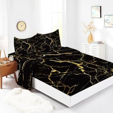 Imagem de Lençol de casal 99 cm x 190 cm mármore preto dourado 4 peças, lençol de cama luxuoso de microfibra macia, 40 cm, lençol com elástico profundo, respirável, resistente a rugas, resistente ao