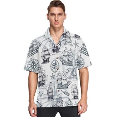 Imagem de visesunny Camisa masculina casual de botão manga curta havaiana vintage navio à vela bússola âncora concha do mar Aloha, Multicolorido, XG