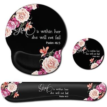 Imagem de Almofada de descanso de pulso com teclado e mouse pad ergonômico conjunto de suporte de pulso para computador, jogos, escritório, alívio da dor + porta-copos, flor de peônia Salmo 46:5 God is Within Her, She Will Not Fall