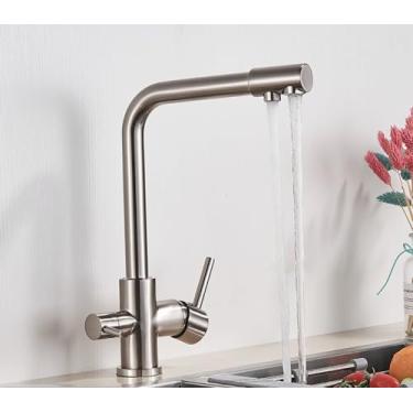 Imagem de Filtro de níquel escovado torneira da cozinha água potável torneira da cozinha deck montado alças duplas misturador de água fria de 3 vias, níquel escovado